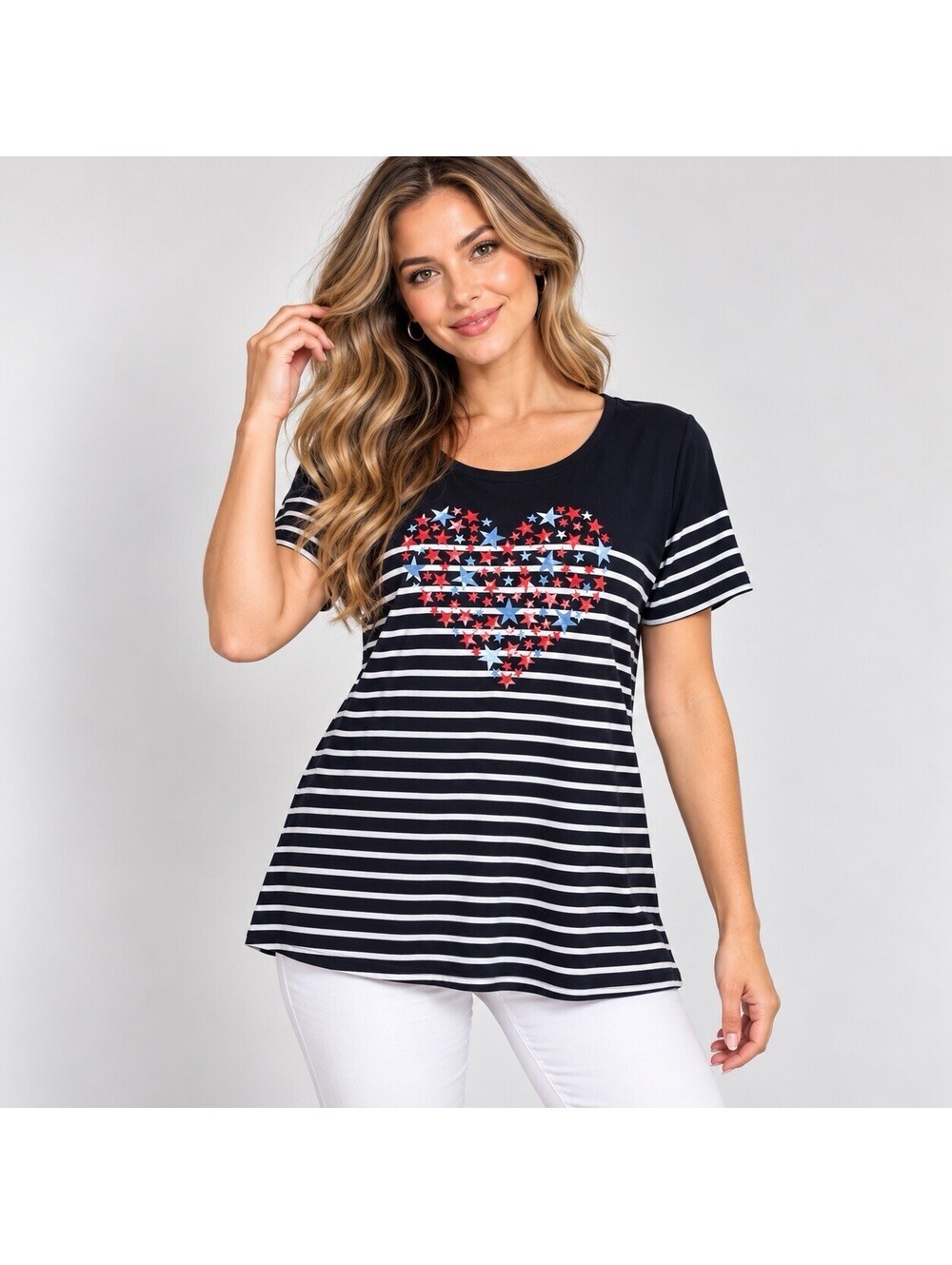 Talbots Striped Heart Star Graphic Top M Black White Red Blue Nautical Patriotic